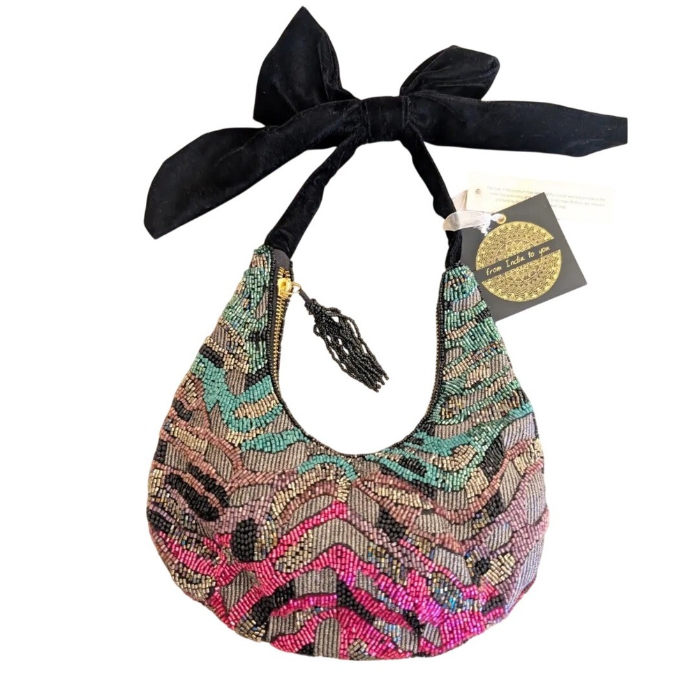 From India To You Beaded Hobo Bag Velvet Bow Handle Tassel NWT
